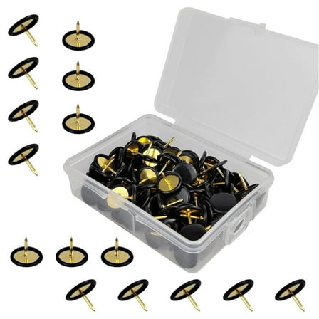 100 Pcs Thumb Tacks, Drawing Pins, Metal Flat Push Pins, Round Head Drawing Pins with Storage Box for Map, Photo Wall, Office, Corkboards (Black, 100)