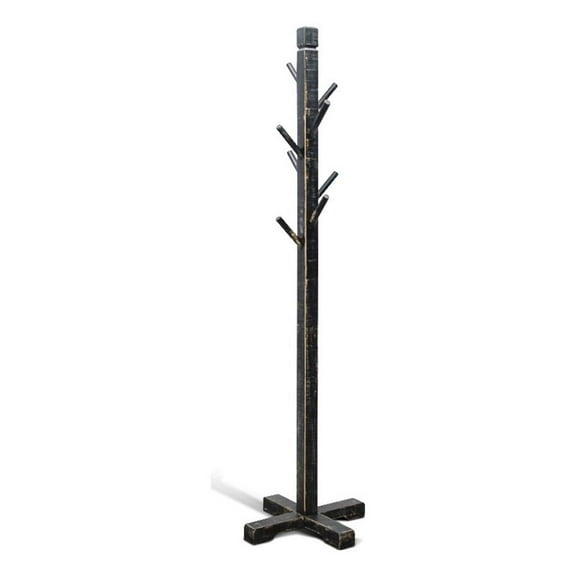 Pemberly Row Traditional Solid Wood Coat Rack with 8-Prong Hooks in Black Sand