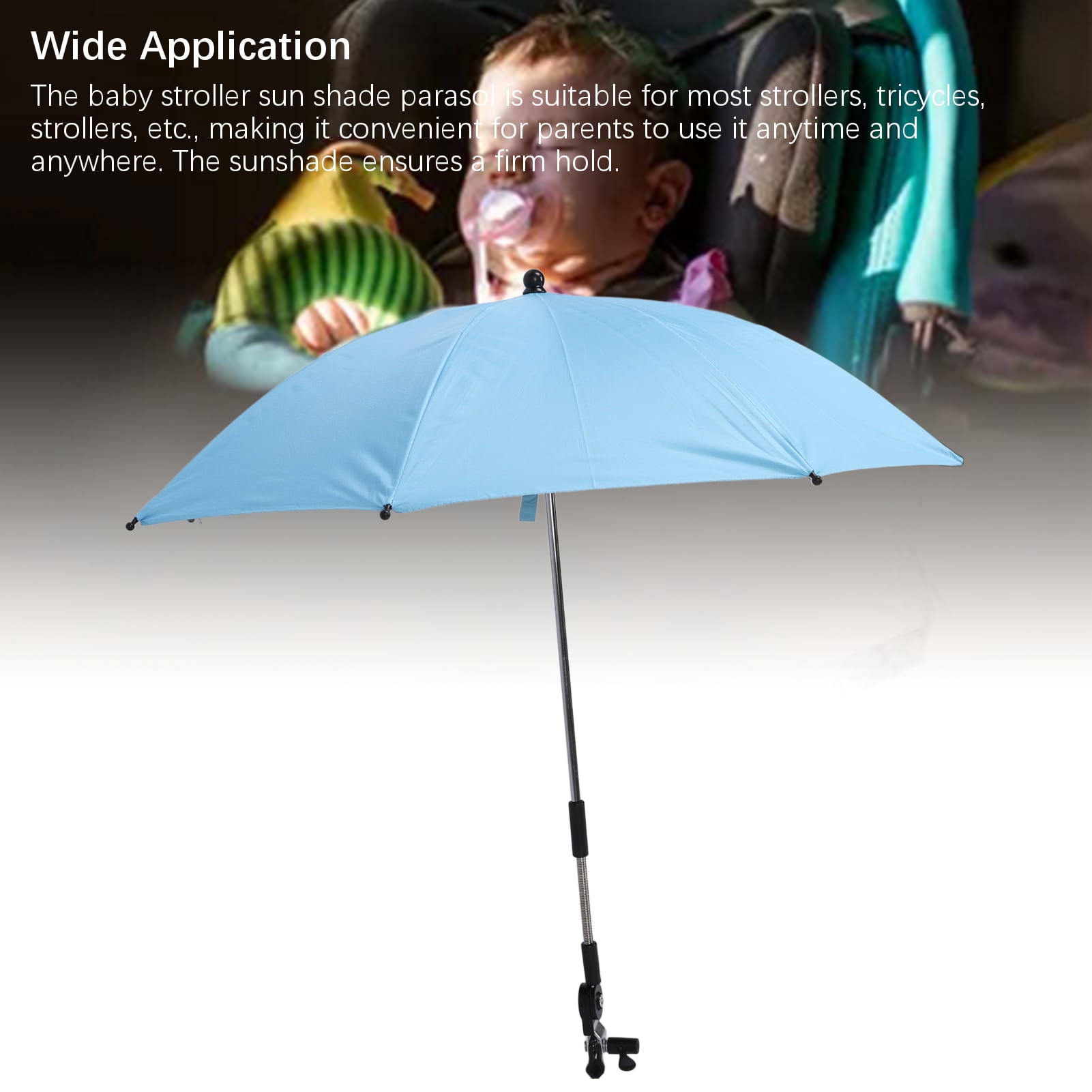 NFTIGB Clip On Baby Stroller Sun Shade Protection Umbrella Universal Pram Parasol with 360 Degree Adjustable Clamp For Tricycles, Blue