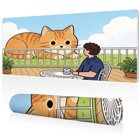 LIVEKEY XL Cat & Balcony Mouse Pad 80x40x0.3cm Oversized Non Slip Full Desk Coverage Durable Easy Clean Stitched Edges for Gaming and Office Use with Cozy Scene Design