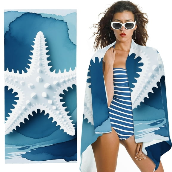 RKSupls Oversized Microfiber Beach Towel - Summer Blue Starfish Print,  for Bathroom,Beach, Soft Super Absorbent- 30x60 in