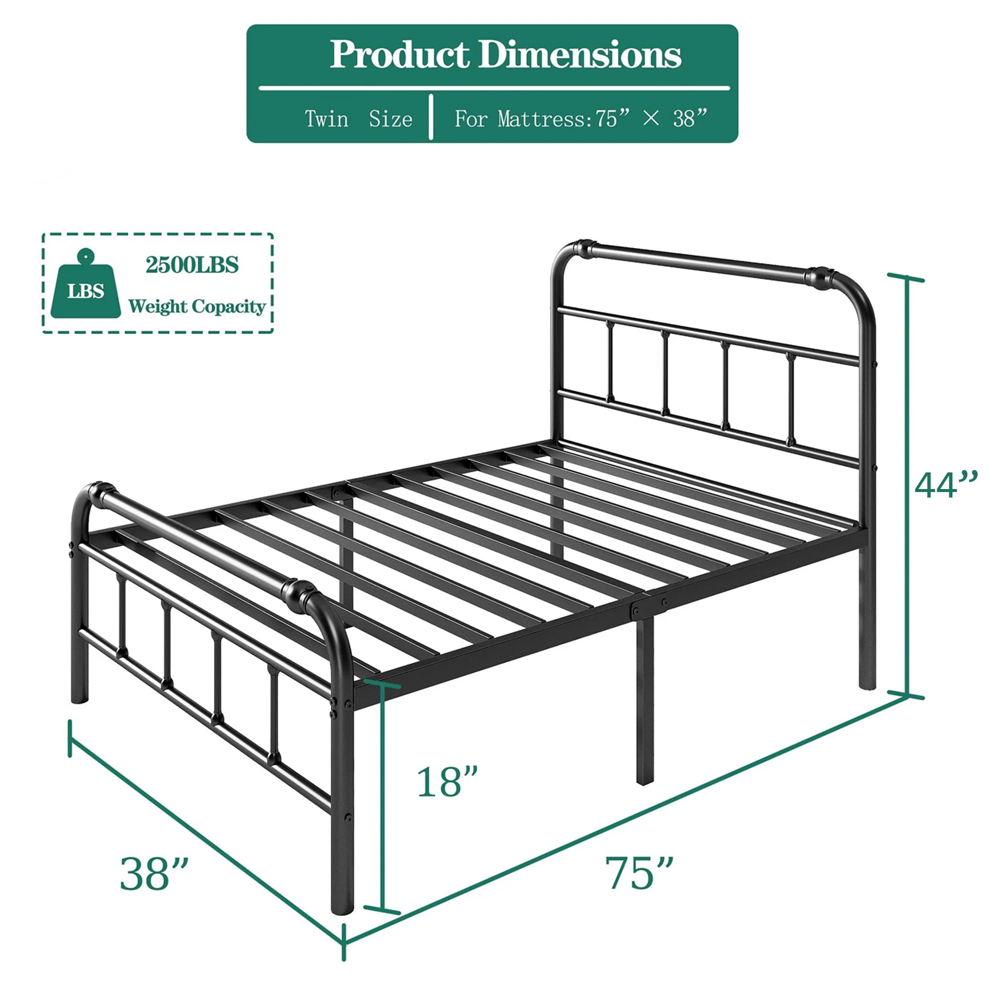 QFTIME Twin Bed Frame with Headboard, Vintage Style, Heavy-Duty Metal Platform Bed Frame with 18" High, Non-Slip and Noise-Free, No Box Spring Needed, Black