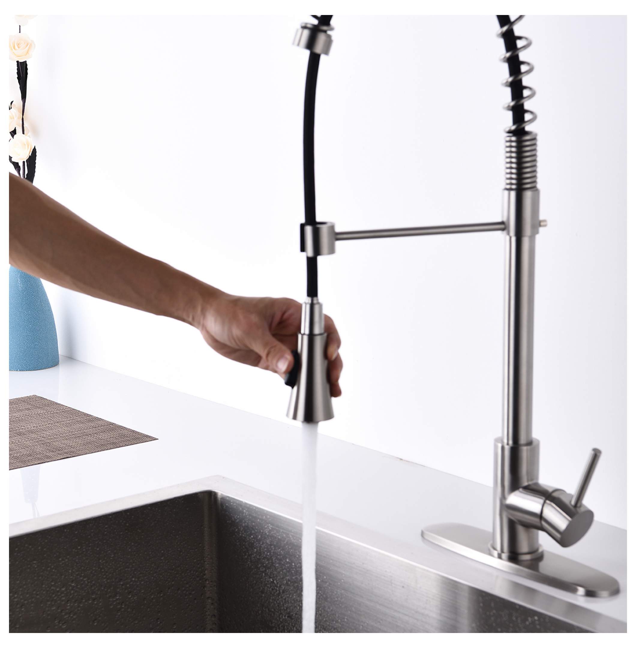 Brushed Single Handle Modern Spring High Arc Kitchen Faucet Water Filter System Bends as You Want