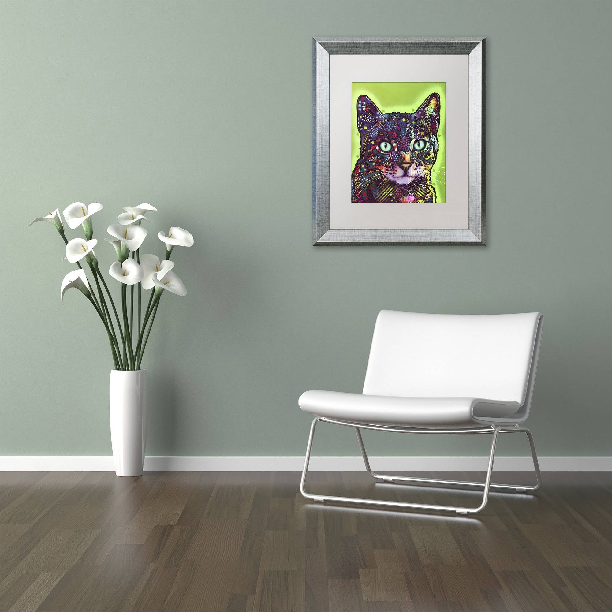 Trademark Fine Art "Watchful Cat" Canvas Art by Dean Russo, White Matte, Silver Frame