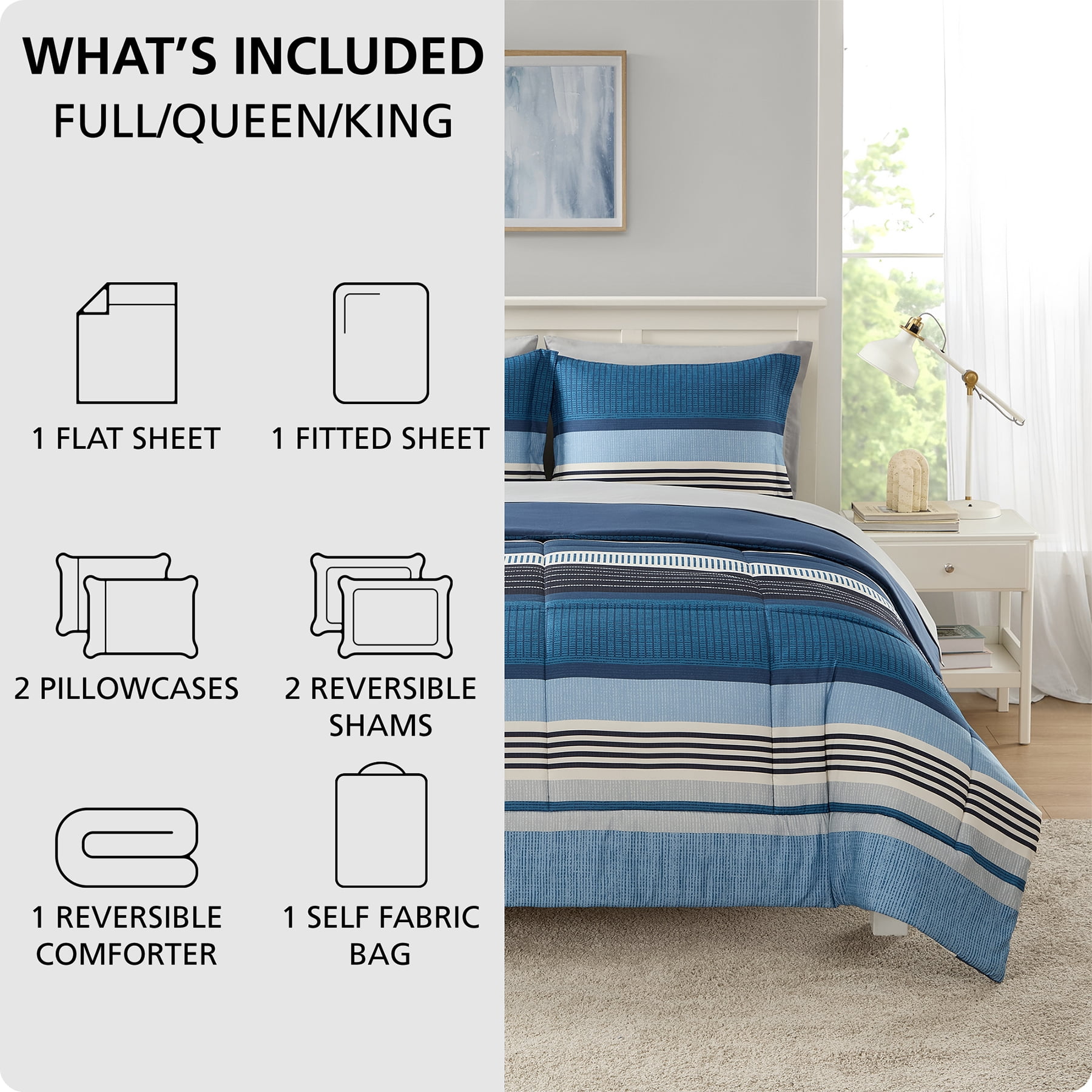 Mainstays All in One Reversible Comforter and Sheet set- 7 Piece, Full, Blue Stripe