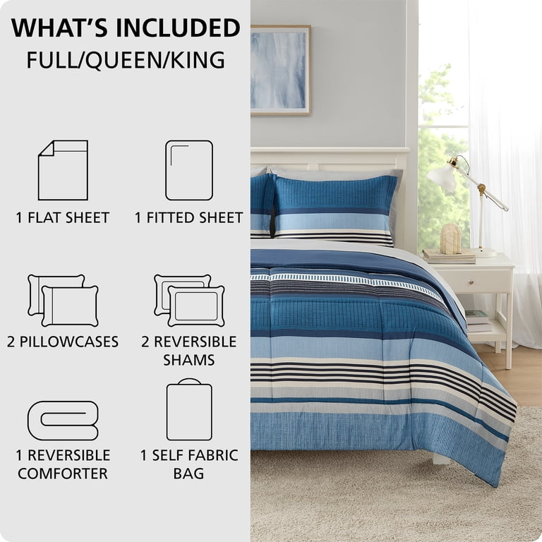 Seven-Piece Reversible Full Bed Set, Blue Stripe photo 2