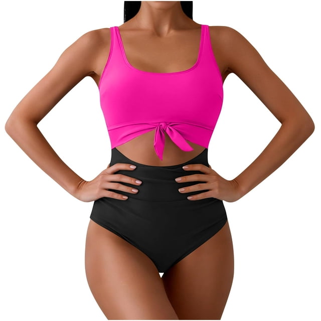 Ltctricy One Piece Swimsuit for Women Scoop Neck Tie Front Cut out Color Block Ruched Bathing Suits Slimming Swimwear