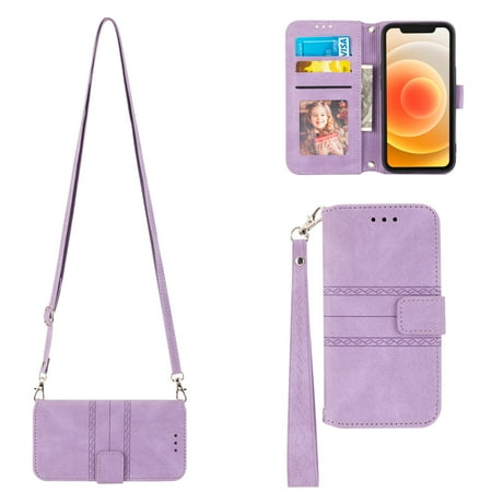 For iPhone 16 Plus Case with Credit Cards Holder, Wallet Magnetic Crossbody Shoulder Strap Flip Stand Purse Retro Premium RFID Blocking PU Leather Cover for iPhone 16 Plus, Lightpurple
