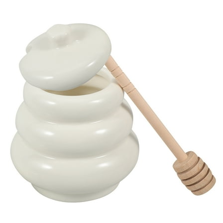 White Ceramic Honey Pot with Wood Dipper and Lid for Storage Use 1 Set