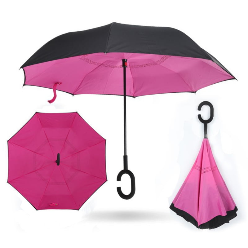 Double Layer Inverted Umbrellas Reverse Folding Umbrella Windproof UV Protection Big Straight Umbrella Inside Out Upside Down for Car Rain Outdoor With C-Shaped Handle