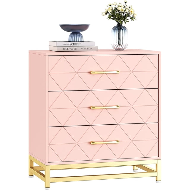 Commode à 3 Tiroirs, Commode en Bois avec Rangement pour Garde-Robe, Chambre, Commode à Tiroirs Moderne Table de Chevet avec Poignées Dorées, Rose