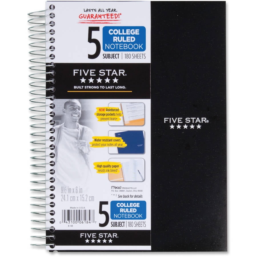 Five Star 5Subject CollegeRuled Notebook, 9 1/2" x 6", Assorted