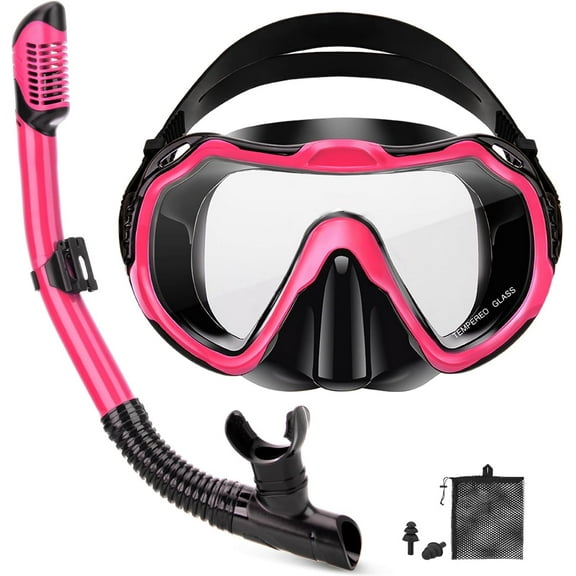 Snorkeling Gear for Adults, Adult Snorkel Set with Panoramic Anti-Leak and Anti-Fog Tempered Glass Snorkel Mask, Dry Top Snorkel, Snorkle Mask Set Adult with Mesh Bag Ear Plug for Snorkeling