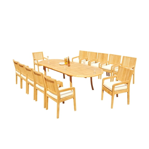 Grade-A Teak Dining Set: 12 Seater 13 Pc: 118" Oval Table And 12 Maldives Arm Chairs Outdoor Patio WholesaleTeak #51ML2613