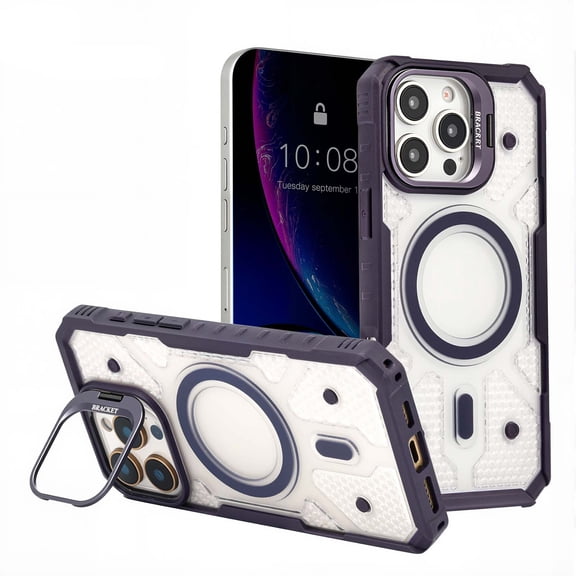Designed for iPhone 15 Plus Case, Mag-Safe Compatible, Clear Slim Case with Built-in Camera Lens Stand, Anti-Yellowing, Durable Protection with Shockproof Corners for iPhone 14 Plus, Darkpurple
