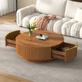 thumbnail image 4 of Atumcto Farmhouse Round Coffee Table with Storage Drawer, Fluted Design and Gold Handle for Living Room, Brown, 4 of 10