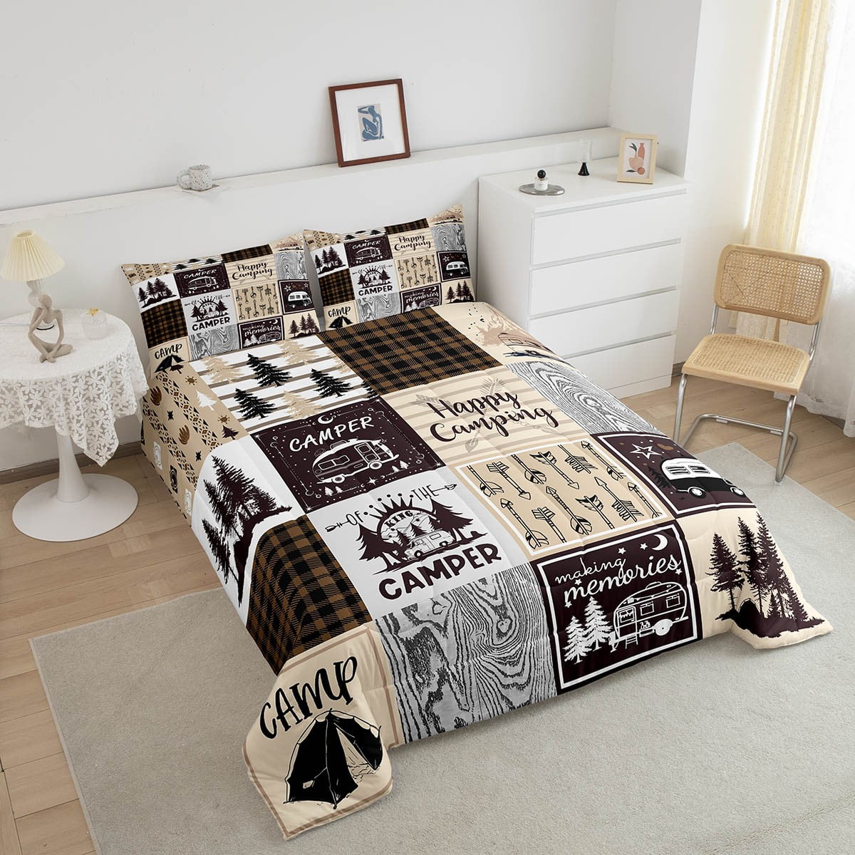 Camper King Comforter Set For Bunk Travel Trailers,Rustic Plaid Camping Car Quilt Set Camping Accessories Bedding Set For Rv Campers,Country Cabin Lodge Decor Bed Duvet Set Brown Beige