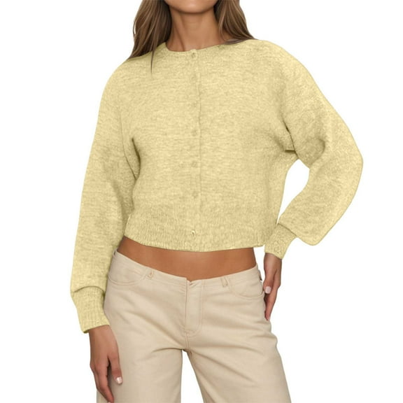 Fiaer Casual Cropped Cardigan Sweaters For Women Trendy Lightweight Solid Color Long Sleeve Button Down Knit Tops Yellow XL