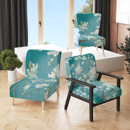 Designart "Blue Cherry Blossoms II" Upholstered Cabin & Lodge Accent Chair - Arm Chair