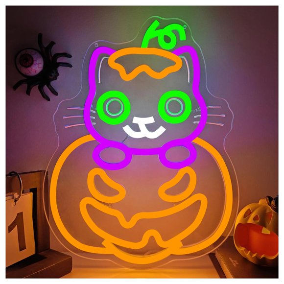 Letrero De Neón LED Con Forma De Gato Y Calabaza, Regulable, Ideal Para Dormitorio, Sala De Juegos, Espacio De Ocio O Fiesta. Lámpara USB 37.8cmx29.5cm
