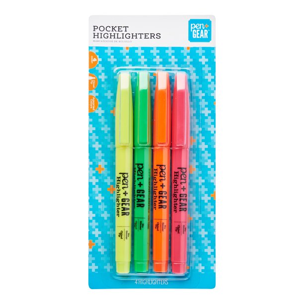 Pen + Gear Pocket Highlighters, Assorted Colors, 4 Count
