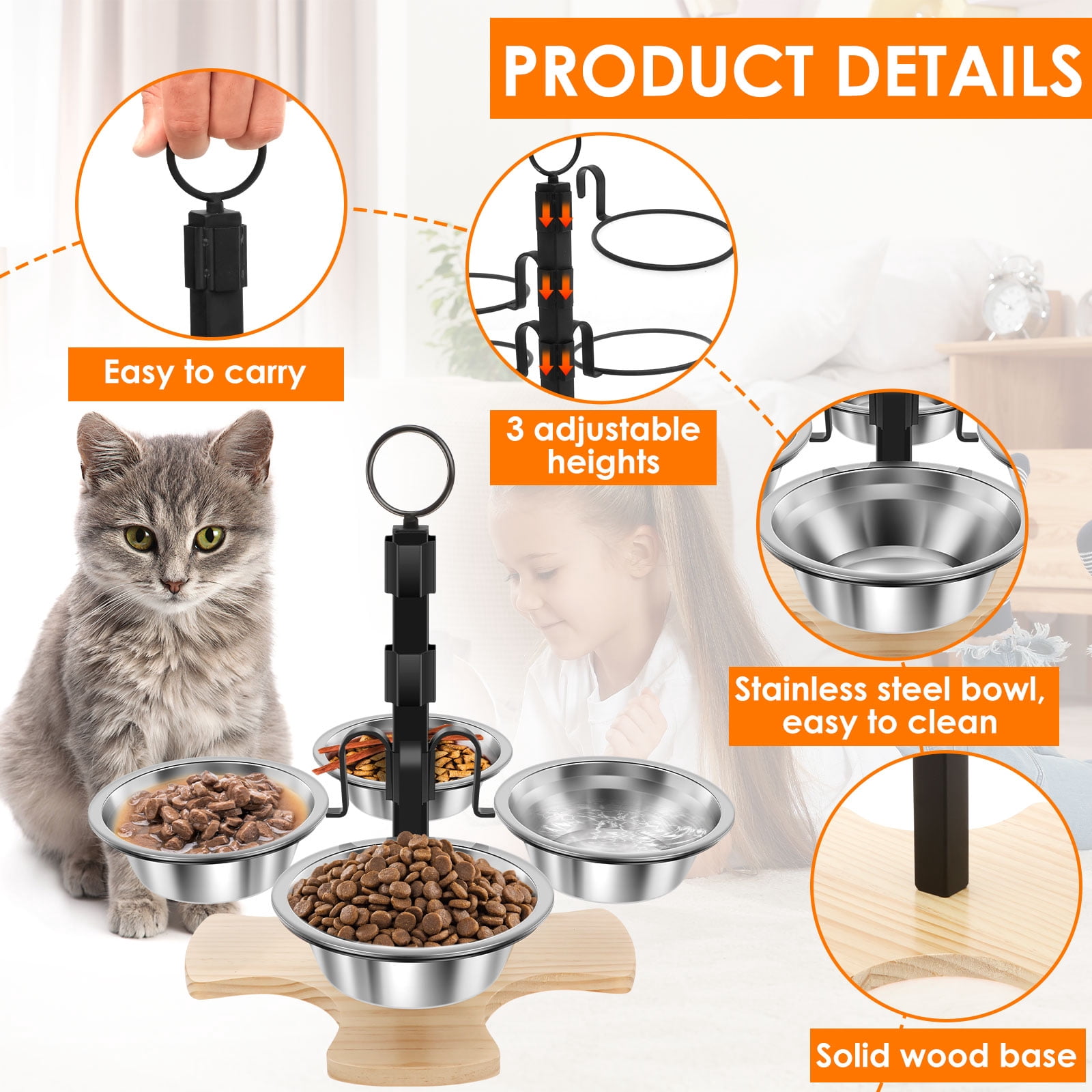 Elevated Cat Bowls with Stand 3 Height Adjustable Pet Feeding Station​ with 4 Stainless Steel Bowls Stable for Small Medium Pets