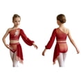 thumbnail image 2 of iiniim Girls Lyrical Dance Outfit One Shoulder Long Puff Sleeve Crop Top With Applique Asymmetrical Skirt Set Burgundy 10, 2 of 7