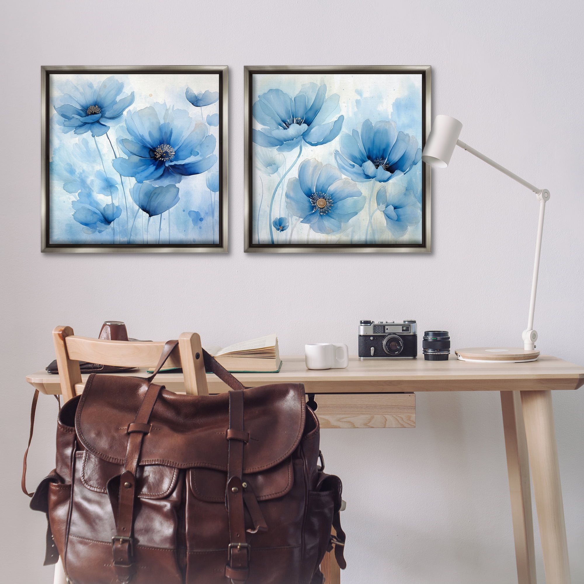 Stupell Industries Saturated Blue Blossoms Plants & Flowers Painting Gray Floater Framed Canvas Art Print Wall Art, 25 x 25, Set of 2
