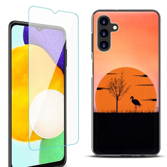 Slim-Fit Protective Fashion Phone Case (Black) for Samsung Galaxy A13 5G, with Tempered Glass Screen Protector, by OneToughShield ® - Sunset Flamingo