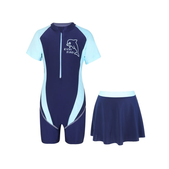 Alvivi Kids Girls One Piece Short Sleeve Rash Guard Swimsuit Surfing Swimwear Bathing Suit with Skirts Navy Blue 9-11