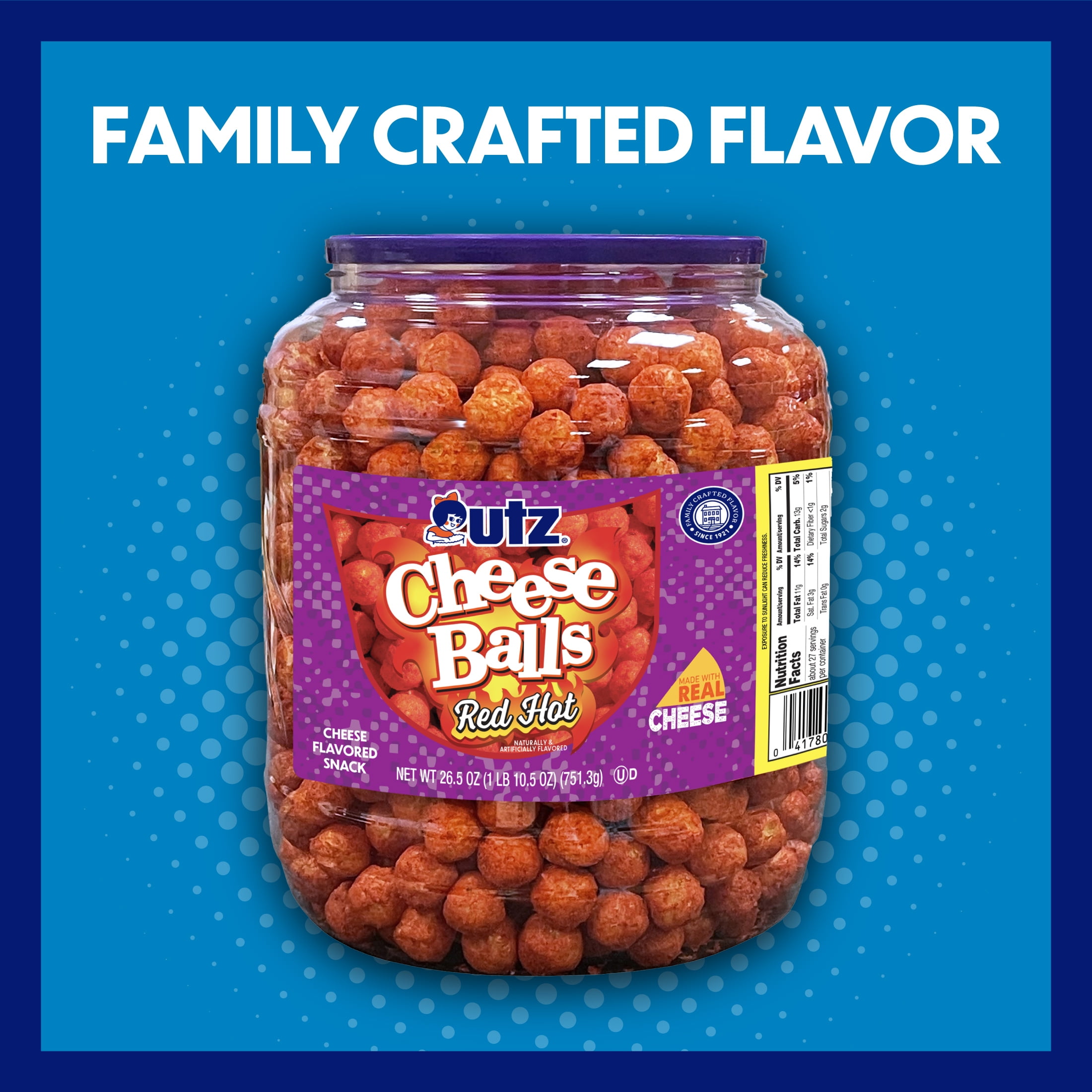 Utz Red Hot Cheese Balls, 26.5 oz Barrel