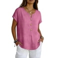 thumbnail image 2 of Linen Shirts for Women Short Sleeve V Neck Button Down Loose Gauze Blouses, 2XL, 2 of 7