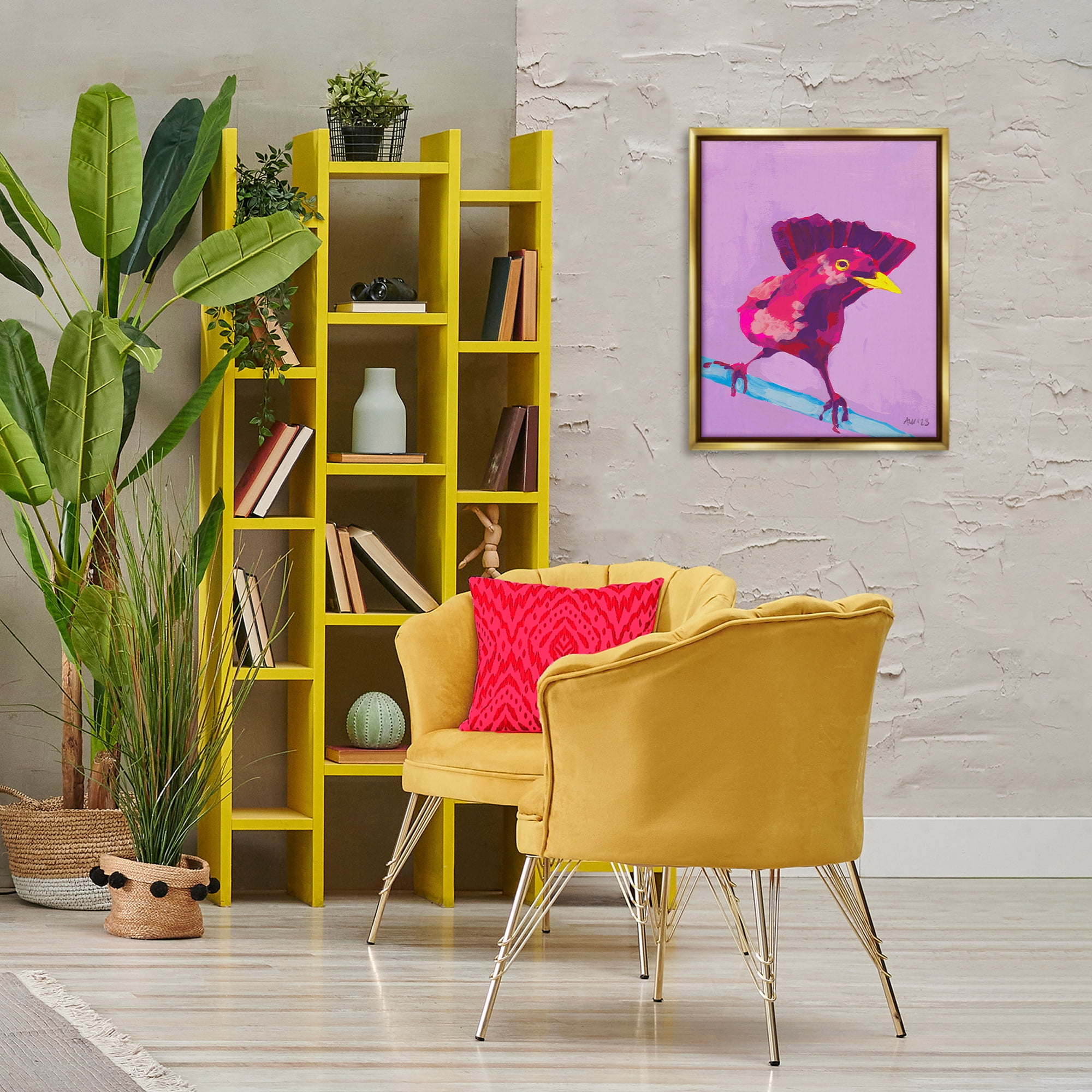 Stupell Industries Vivid Perched Bird Animals Painting Gold Floater Framed Canvas Art Print Wall Art, 17 x 21