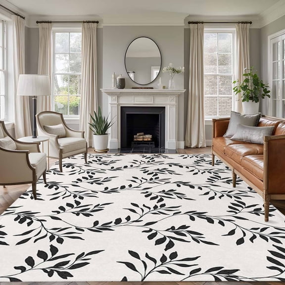 5x7 Area Rugs for Living Room, Black Leaves Non Slip Area Rugs for Kitchen Bedroom Entryway, Vintage Leaf Botanical Minimalist Art Washable Carpet Runner Rug Floor Mats for Bedroom Home Decor