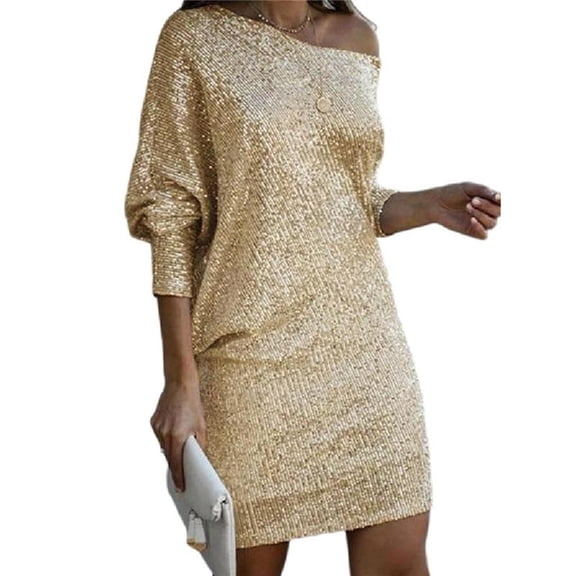 Yokua Glitter Women Asymmetrical Off Shoulder Long Sleeve Party Dress Evening Event