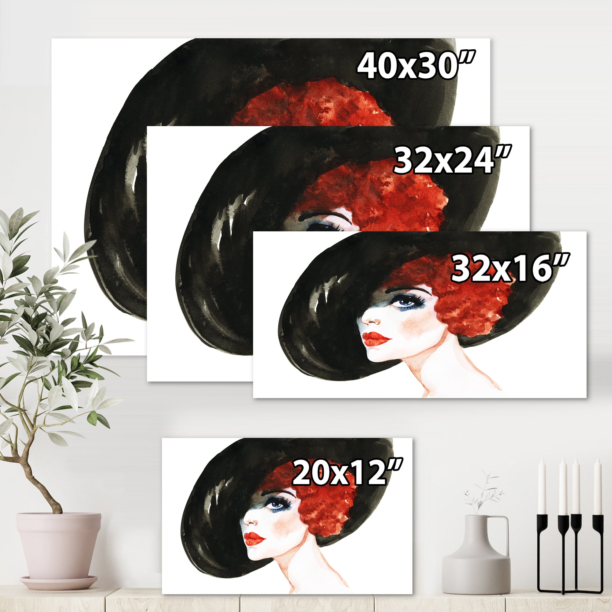 Designart ' Portrait of Woman Red Head Lady In Hat ' Modern Canvas Wall Art Print