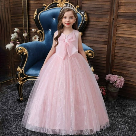 

WHLBF Children Baby Girls Middle-aged Children s Lace Bow Mesh Gauze Princess Dress Pink 11-12 Years