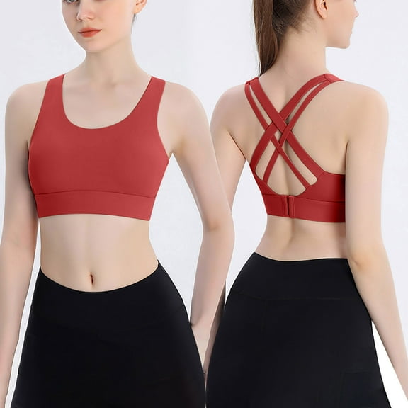 XFLWAM Women Ribbed Strappy Yoga Top Molded Cups Sports Bra Criss Cross Workout Crop Tank Top Red L