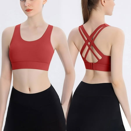 XFLWAM Women Ribbed Strappy Yoga Top Molded Cups Sports Bra Criss Cross Workout Crop Tank Top Red S