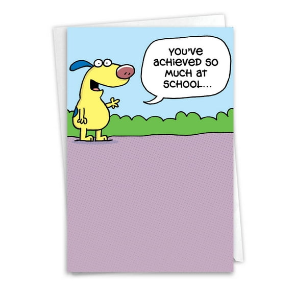 Funny Graduation Greeting Card with 5 x 7 Inch Envelope - Illustrated Yellow Dog on Purple Ground with Green Bushes