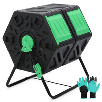 Magshion 34 Gallon Dual Chamber Compost Tumbler Bin with Easy-Turn System, 2 Sliding Doors, All Season Composter, Gardening Gloves included, BPA-Free, Black/Green