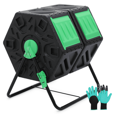 Magshion 34 Gallon Dual Chamber Compost Tumbler Bin with Easy-Turn System, 2 Sliding Doors, All Season Composter, Gardening Gloves included, BPA-Free, Black/Green