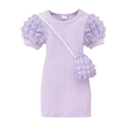Odeerbi Kids Girls Puff Sleeve Bodycorn Dress with Cute Bag Party Mini Knit Dress Lightweight Short Sleeve Round Neck Solid Color Dress Set Kids Clothes Purple