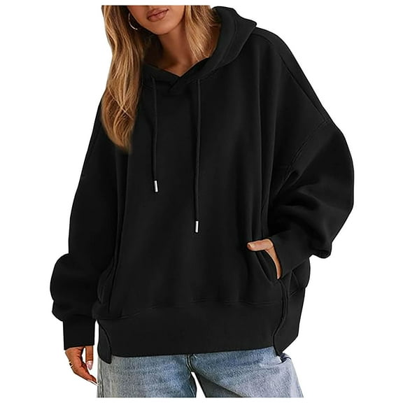 Guieoi Sweatshirts for Women Plus Size under $10.00 Women's Loose and Casual Colored Irregular Hem Hooded Long-sleeved Sweater Jacket Black Black*Friday/Cyber*Monday