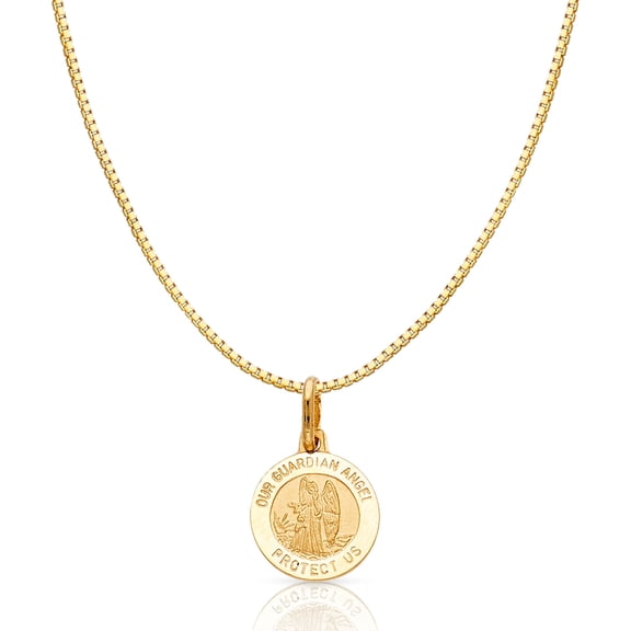 14K Yellow Gold Our Guardian Angel Protect Us Religious Charm Pendant with 0.8mm Box Chain Necklace - 16"