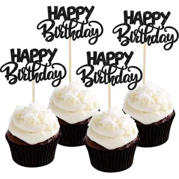 10pcs Happy Birthday Cupcake Toppers Black Glitter HBD Sign Theme Cupcake Picks for Boys Girls Men Women Birthday Celebration Party Cake Decorations Supplies