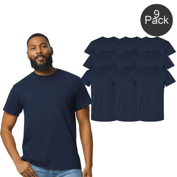 Gildan Men's Pocket T-Shirt, Short Sleeve Crew Neck Ultra Cotton Classic Navy Tee, S, 9 Pack