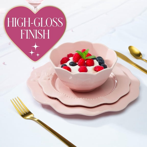 12-Piece Dinnerware Set, Embossed Bow Design, Iconic Ceramic Stoneware Service for 4 with Dinner Plates, Salad Plates, and Bowls, Microwave & Dishwasher Safe, Pink