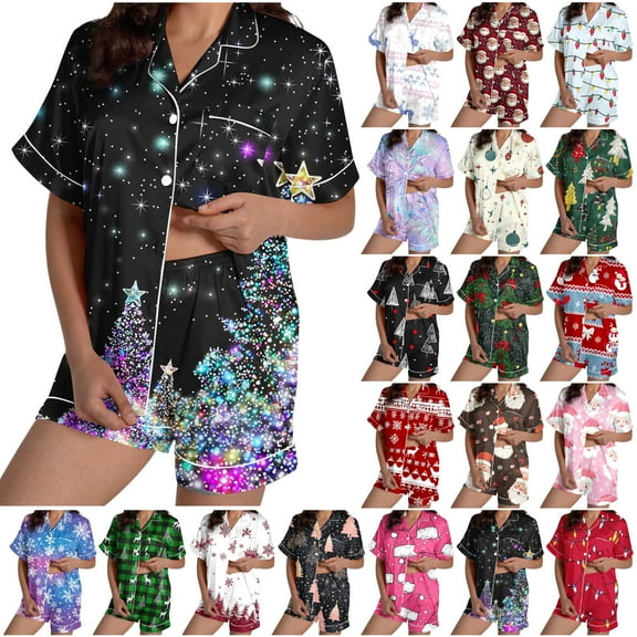 VBTAPA Women Christmas Pajamas Shorts Set Santa Claus Pjs Short Sleeve Button Down Sleepwear 2 Piece Xmas Jammies Loungewear Muilticolor S