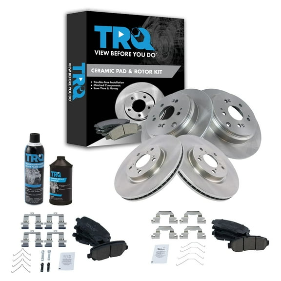 TRQ Front & Rear Ceramic Brake Pad & Rotor Kit LH & RH Sides w/Chemicals BKA16565